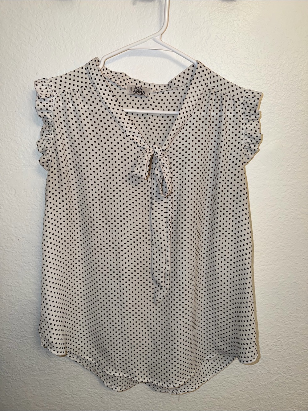 Marshalls White Blouse with Black Polka Dots and Tie Neck